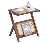 VEVOR Table Basse en Rotin en Forme de Z, Table de Salon avec Plateau en Verre Trempé, Meuble de Rangement Bohème Moderne de 56 cm, avec Pieds en Bambou Naturel, pour Chambre à Coucher, Petits Espaces