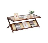 VEVOR Table Basse en Rotin Tressé en Forme de Z, Table de Salon en Bambou, avec Plateau en Verre Trempé, Meuble de Rangement Bohème Moderne de 120 cm, avec Pieds en Bambou Naturel, pour Chambre