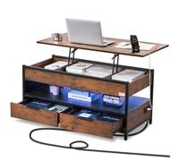 Table Basse avec Plateau Relevable-VEVOR-Table Basse Salon avec LED-2 Tiroirs, 2 Prises de Courant, 2 Prises USB-100x50x48cm-Marron