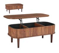 VEVOR Table Basse Relevable Cannelée, Table de Salon Ovale avec Rangement Caché de 3 Compartiments, Plateau Relevable, Meuble en Bois pour Bureau Chambre, Mécanisme de Levage Métallique, Couleur Noyer