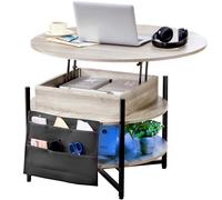 Table Basse avec Plateau Relevable - VEVOR - Table Basse Ronde de Salon avec LED - Sacs de Rangement Latéraux - 90x90x51 cm - Chêne