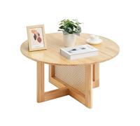 VEVOR Table Basse Ronde 85 cm, Table de Salon en Rotin Tressé, avec Plateau en Bois d'Hévéa, Meuble de Rangement Bohème Moderne de 85 cm, avec Pieds en Bois Naturel, pour Chambre et Petits Espaces