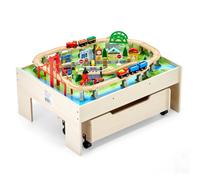 VEVOR Table Circuit Train Bois, 100 PCS, avec Rail de Train, Tiroir Rangement Roulant, Table Activités 3 en 1 Double Face pour Jouer, Dessiner, Lire, Manger, Jouets Créatifs pour Enfants 3 Ans et Plus
