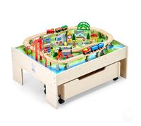VEVOR Table Circuit Train Bois, 100 PCS, avec Rail de Train, Tiroir Rangement Roulant, Table Activités 3 en 1 Double Face pour Jouer, Dessiner, Lire, Manger, Jouets Créatifs pour Enfants 3 Ans et Plus