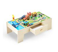 VEVOR Table Circuit Train Bois, 62 PCS, avec Rail de Train, Grand Tiroir Rangement, Table d'Activités 3 en 1 Double Face pour Jouer, Dessiner, Lire, Manger, Jouets Créatifs pour Enfants 3 Ans et Plus