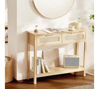 VEVOR Table Console en rotin avec 2 tiroirs de Rangement, Table d'entrée en rotin Naturel avec Porte coulissante, 1000 x 295 x 815 mm, Rangement pour Salon, Bureau, entrée ou Mur TV, Couleur du Bois