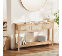 VEVOR Table Console en rotin avec 3 tiroirs de Rangement, Table d'entrée en rotin Naturel avec Porte coulissante, 1305 x 300 x 815 mm, Rangement pour Salon, Bureau, entrée ou Mur TV, Couleur du Bois