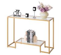 VEVOR Table Console en Verre 2 Niveaux, Table d'Appoint Rectangulaire Moderne, Bout de Canapé avec Plateau en Verre Trempé, Pieds en Fer et Dispositif Anti-basculement, Entrée Salon Couloir, Dorée