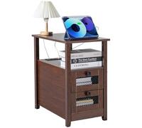 VEVOR Table d'appoint de ferme à 4 niveaux, table de chevet étroite avec ports et prises USB, table d'appoint avec armoire de rangement et 2 tiroirs, idéal pour le salon, la chambre, le bureau, marron