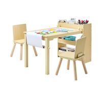 VEVOR Table d'Art pour Enfants avec 2 Chaises, Bureau d'Activité avec Étagères de Rangement 3 Niveaux, Kit en Bois pour Tout-petits, pour Lecture Dessin Bricolage Apprentissage Écriture, Bois Clair