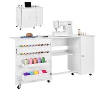 VEVOR Table de couture pliante, table pour machine à coudre polyvalente pour maison, avec design compact, armoire, roulettes, chevilles en bois, plateaux de rangement, étagère, porte magnétique, blanc