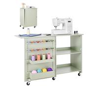 VEVOR Table de couture pliante, table pour machine à coudre polyvalente pour maison avec design compact, roulettes, chevilles en bois, plateaux de rangement et étagère, serrure magnétique, vert clair