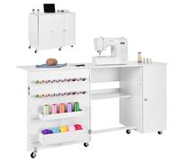 VEVOR Table de couture pliante, table pour machine à coudre polyvalente pour maison, avec design compact, armoire, roulettes, chevilles en bois, plateaux de rangement, étagère, porte magnétique, blanc