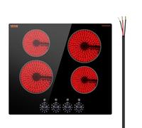 VEVOR Table de cuisson électrique radiante 6000 W en céramique, table de cuisson radiante de 61 cm, 4 brûleurs, dessus de cuisinière électrique intégré, avec panneau en verre, contrôle par bouton, 11