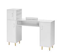 VEVOR Table de manucure, Bureau à Ongles Dessus en Verre, Station de Maquillage armoires de Rangement à l'acétone pour Salon de beauté, Station de Travail avec 8 Pieds en métal, Repose-Poignet, Blanc