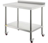 VEVOR Table de préparation en acier inoxydable, 76,2 x 61 x 89,9 cm, capacité de charge de 200 kg - Table de travail en métal robuste avec dosseret réglable et 4 roulettes, poste de travail commercial