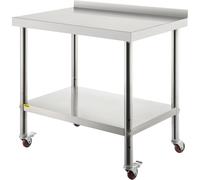 VEVOR Table de préparation en acier inoxydable, 76,2 x 61 x 89 cm, table de travail en métal robuste avec dosseret réglable sous étagère et 4 roulettes, 200 kg, plan commercial pour cuisine restaurant