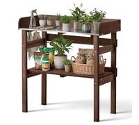 VEVOR Table de Rempotage à 2 Niveaux Table de Jardinage 78x38x82 cm pour Plantation d'Extérieur sur Terrasse Jardin sur Balcon, avec Étagères de Rangement, Plan de Travail en Métal Galvanisé, Marron