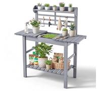 VEVOR Table de Rempotage à 3 Niveaux Table de Jardinage d'Extérieur pour Plantation Terrasse Jardin, avec Étagères de Rangement, Évier, Plateau en Bois Réglable 94-140 cm, Crochets, Gris Classique