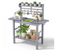VEVOR Table de Rempotage à 3 Niveaux Table de Jardinage d'Extérieur pour Plantation Terrasse Jardin, avec Étagères de Rangement, Évier, Plateau en Bois Réglable 94-140 cm, Crochets, Gris Classique