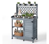 VEVOR Table de Rempotage à 4 Niveaux Table de Jardinage 110x46x147 cm pour Plantation d'Extérieur Terrasse Jardin Balcon, avec Armoire et Étagère de Rangement, Évier, Plateau en Bois, Crochets, Gris