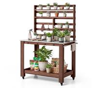 VEVOR Table de Rempotage à 5 Niveaux Table de Jardinage d'Extérieur pour Plantation Terrasse Jardin, avec Étagère de Rangement, Plan de Travail en Acier INOX 115x66 cm, 4 roulettes, Crochets, Marron