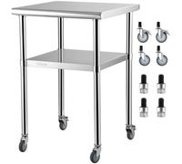 VEVOR Table de Travail Cuisine Inox 61x61x85 cm Table de Préparation en Acier Inoxydable 2 Niveaux Charge 272,4 kg avec 4 Roues Étagère Réglable en Hauteur Rangement Aliments Restaurant Bar Garage