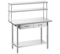 VEVOR Table de Travail Cuisine Professionnelle, Poste de Travail en INOX 122x61 cm, pour Préparation Café Hôtel Restaurant Atelier, avec Étagère Supérieure 2 Tiroirs, Étagère Inférieure Réglable