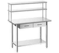 VEVOR Table de Travail Cuisine Professionnelle, Poste de Travail en Inox 122x61 cm, pour Préparation Café Hôtel Restaurant Atelier, avec Étagère Supérieure 2 Tiroirs, Étagère Inférieure Réglable