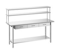 VEVOR Table de Travail Cuisine Professionnelle, Poste de Travail en INOX 182,9x61 cm, pour Préparation Café Hôtel Restaurant Atelier, avec Étagère Supérieure 3 Tiroirs, Étagère Inférieure Réglable