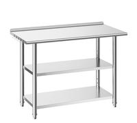 VEVOR Table de Travail Cuisine Professionnelle, Table Centrale INOX 121,9x61x86,4 cm, pour Préparation CHR Café Hôtel Restaurant, Poste de Travail en Acier Inoxydable avec 2 Étagères et Dosseret