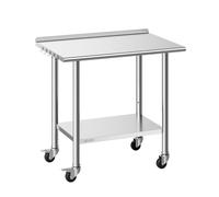 VEVOR Table de Travail Cuisine Professionnelle, Table Centrale Inox 91,5x61 cm 2 Niveaux, pour Préparation Café Hôtel Restaurant, Poste de Travail en Acier Inoxydable sur Roulettes, avec Dosseret