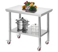 VEVOR Table de travail inox 60×90×85 cm – roulettes, étagère inférieure réglable, capacité 181 kg