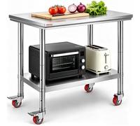 VEVOR Table de Travail en Acier Inoxydable 90 x 60 x 85 cm, Table de Préparation des Aliments Capacité de Charge Totale 204 kg, 4 Roues, 3 Niveaux de Hauteur Réglables, Cuisine Commerciale Restaurant