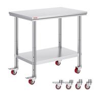 VEVOR Table de Travail en Acier Inoxydable 90x60x85 cm, Table de Préparation des Aliments Capacité de Charge de 317,5 kg, 4 Roues, 3 Niveaux de Hauteur Réglables, pour Cuisine Commerciale, Restaurant