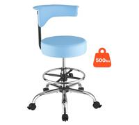 VEVOR Tabouret à roulettes avec Dossier, Charge 226,8 kg, Tabouret de Travail Pivotant à 360°, Hauteur Réglable, Assise Ergonomique en Cuir PU Rembourrage Épais, pour Coiffeur, Clinique, Salon, Bleu