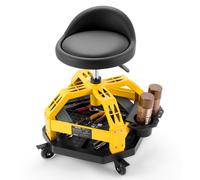 VEVOR Tabouret d'Atelier à Roulettes, Tabouret de Mécanicien Roulant Charge 150 kg Réglable en Hauteur, pour Garage Auto, Siège d'Atelier Rembourré avec Dossier et Rangement pour Outils, Noir et Jaune