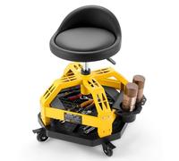 VEVOR Tabouret d'Atelier à Roulettes, Tabouret de Mécanicien Roulant Charge 150 kg Réglable en Hauteur, pour Garage Auto, Siège d'Atelier Rembourré avec Dossier et Rangement pour Outils, Noir et Jaune