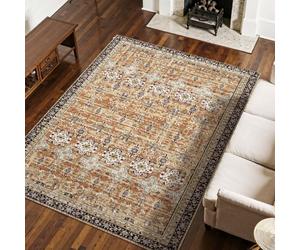 VEVOR Tapis Salon, 2,3 x 2,9 m, Grand Tapis Chambre Lavable Antidérapant, Poils Courts Denses, Résistant aux Griffures Animaux, Doux et Confortable, Style Vintage, pour Bureau, Entrée, Marron et Vert