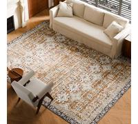 VEVOR Tapis Salon, 2,7x3,7 m, Grand Tapis Chambre Lavable et Antidérapant, Poils Courts et Denses, Résistant aux Griffures Animaux, Doux, Style Vintage, pour Chambre, Bureau, Entrée, Marron et Vert