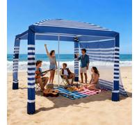 VEVOR Tonnelle de Plage 2,4x2,4 m, Abri de Plage avec Parois Latérales et Poches à Sable, Tente Portable pour Camping Extérieur, Protection UPF 50+, Hauteur Réglable, Ombrage Spacieux, Rayures Marine