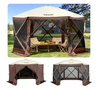 VEVOR Tonnelle Pop-up, 3,81x3,81 m, Tente à moustiquaire escamotable polygone à 6 côtés, abri Solaire à réglage Rapide avec 6 Toiles Coupe-Vent Amovibles, fenêtres en Maille, Sac de Transport, Marron