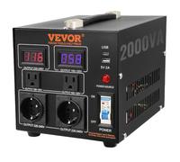 VEVOR Transformateur 220 V⇄110 V Convertisseur de Tension Élévateur Abaisseur 2000 W Transformateur de Puissance avec 2 Prises US NEMA 5-15R 3 Broches 2 Prises EU Shucko 1 Port USB 5 V 1 Prise Type-C