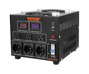 VEVOR Transformateur 220 V⇄110 V Convertisseur de Tension Élévateur Abaisseur 5000 W Transformateur de Puissance avec 3 Prises US NEMA 5-15R 3 Broches 3 Prises EU Shucko 1 Port USB 5 V 1 Prise Type-C