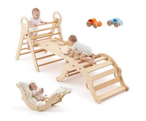 VEVOR Triangle d'escalade 9 en 1, Triangle de Pikler avec 2 Voitures en Bois, Coussin, Triangle, Arche et Rampe, Parcours Motricité Intérieur Montessori pour Bébé et Enfants, 68 kg Max, Couleur Bois