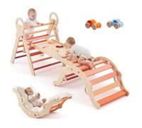 VEVOR Triangle d'escalade 9 en 1, Triangle de Pikler avec 2 Voitures en Bois, Parcours Motricité Intérieur Montessori pour Bébé et Enfants, Coussin, Triangle, Arche et Rampe, Charge Max 68 kg, Orange