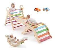VEVOR Triangle d'escalade 9 en 1, Triangle de Pikler avec 2 Voitures en Bois, Triangle, Arche, Rampe et Coussin, Parcours Motricité Intérieur Montessori pour Bébé et Enfants, 68 kg Max, Multicolore