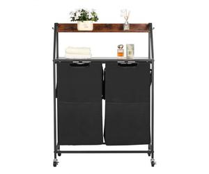 VEVOR Trieur de Linge 2 Niveaux, Panier à Linge sur Roulettes 2 Compartiments, avec Cadre en Métal, Plateau en Bois, Étagère et Sacs en Tissu Oxford 600D, pour Vêtements Sales, Buanderie Blanchisserie