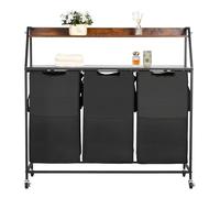 VEVOR Trieur de Linge 2 Niveaux, Panier à Linge sur Roulettes 3 Compartiments, avec Cadre en Métal, Plateau en Bois, Étagère et Sacs en Tissu Oxford 600D, pour Vêtements Sales, Buanderie Blanchisserie