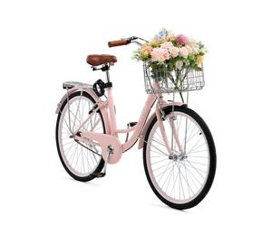 VEVOR Vélo croiseur, 1 vitesse, vélo de plage rose de 660,4 mm, avec panier de grande capacité, porte-bagages arrière et siège réglable, sécurisé et robuste, pour cyclisme, exercice et shopping